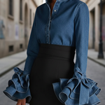 Vintage Elegant Ruffled Sleeves Denim Shirt