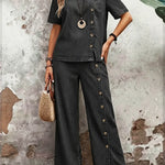 Women's Casual Short-sleeved Button-up Denim Cotton Top And Jeans Two-piece Set