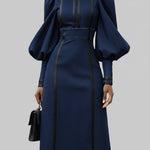 Fashionable Patchwork Leather Lantern Sleeve Denim Dress