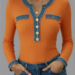 Casual Patchwork Denim Webbing Knit Top