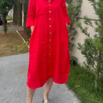 Women's Solid Color Shirt Collar 3/4 Sleeve Casual Loose Cotton And Linen Dress