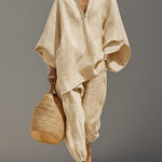 Women's Solid Color V-neck Long Sleeve Casual Loose Cotton Linen Top With Elastic Waist And Wide-leg Pants Set