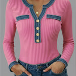 Casual Patchwork Denim Webbing Knit Top