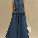 Women's Solid Color Round Neck Sleeveless Loose Casual Top And High-waisted Loose Casual Skirt Cotton And Linen Set.