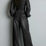 Women's Off-the-shoulder Long-sleeved Casual Loose Denim Top And High-waisted Wide-leg Jeans Set.