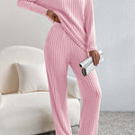Women's Solid Color Casual Straight Leg Pants Loose V-neck Knit Set