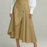 Women's Solid Color Elastic Waist Casual Loose-fitting Linen Midi Skirt.