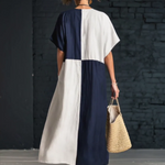 Stylish Color-blocked Loose-fitting Linen-cotton Midi Dress