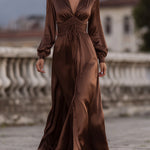 Satin Cinched Waist Mocha Brown - Maxi Dress
