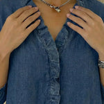 Women's Casual Denim V-Neck Ruffled Shirt