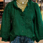 Women's Vintage Flower Art Print Casual Cotton And Linen Ruffle Shirt