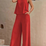 Women's Casual Crew Neck Top And Wide-leg Pants Set