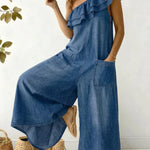 Women's Casual Off-the-shoulder Ruffled Denim Cotton Jumpsuit