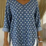 Casual Embroidered Denim V-neck Top