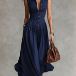 Women's Solid Color Collared Sleeveless Casual Loose Cotton Linen Dress