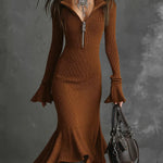 Women's Elegant Zippered Collar Flared Sleeve Knitted Fishtail Dress