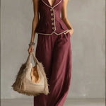 Women's Slim-fit Linen And Cotton Vest And Trousers Two-piece Set
