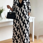 Elegant Art Print Color Block Trim V-neck Midi Dress