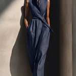 Elegant Collared Sleeveless Linen Cotton Jumpsuit