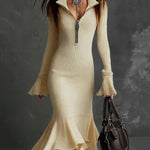 Women's Elegant Zippered Collar Flared Sleeve Knitted Fishtail Dress
