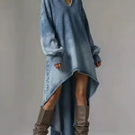 Women's V-neck Long-sleeved Casual Loose-fitting Denim Dress With A Shorter Front And Longer Back Hem.