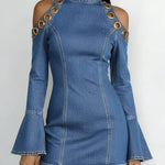 Women's Stand Collar Long Sleeve Casual Slim Fit Denim Dress