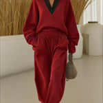 Women's Color Block V-neck Long-sleeve Casual Loose Sweatshirt With Elastic Waist And Wide-leg Pants Set