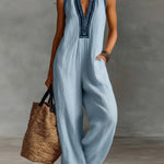 Women's V-neck Sleeveless Casual Loose Cotton And Linen Jumpsuit