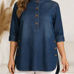 Women's Round Neck 3/4 Sleeve Casual Button-up Loose Denim Top