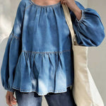 Women's Round Neck Long-sleeved Loose-fitting Casual Denim Top.