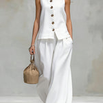 Comfortable And Casual V-neck Sleeveless Button-down Top And Trousers Set