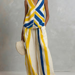 Fashionable Art Striped Sleeveless Linen And Cotton Top And Pants Two-piece Set