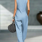 Women's Stand-collar Sleeveless Casual Loose Cotton And Linen Jumpsuit