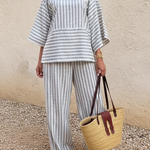 Casual Striped Linen Top And Wide-leg Pants Two-piece Set