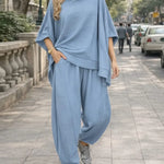 Women's Solid Color Stand-collar 3/4 Sleeve Casual Loose Knit Top And High-waisted Casual Loose Wide-leg Pants Set.