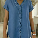 Casual Short-sleeved Denim Shirt With Ruffled Details.