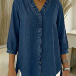 Women's Casual Denim V-Neck Ruffled Shirt