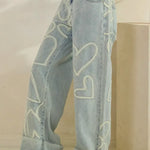 Women's Love Pattern Art Print Casual Cotton Denim Jeans