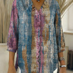 Women's Abstract Art Gradient Geometry Patterns Casual Denim V-neck Ruffled Shirt