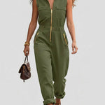 Fashionable And Casual Zippered Sleeveless Cotton Jumpsuit