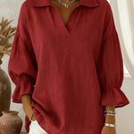 Retro Cozy Polo Collar Lantern Sleeve Linen Shirt Top