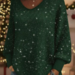 Christmas Sparkling Cozy V-neck Lantern Sleeve Knit Sweater