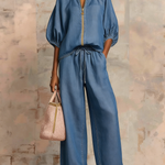 Cozy Stylish Zip-up Top And Wide-leg Jeans Set