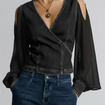 Women's V-neck Long-sleeved Casual Loose Denim Patchwork Top