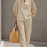 Natalia | Linen set with batwing sleeves and wide-leg trousers