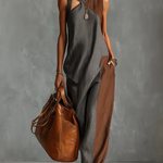 Fashionable Color-blocked Linen-cotton Maxi Dress