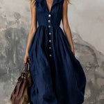 Women's Solid Color Lapel Sleeveless Casual Loose Cotton Dress
