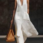 Stylish V-neck Long Shirt And Wide-leg Pant Linen Two-piece Set