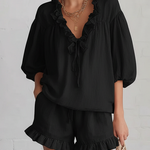 Romantic Ruffled Collar Blouse And Short Suit Set - Comfortable Everyday Wear