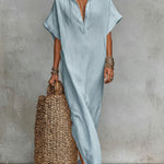 Women's Solid Color Collared Short-sleeved Casual Loose Linen Dress